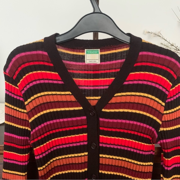Benetton Wool Blend Striped Button Front Cardigan Sweater, Size Small - Picture 3 of 10